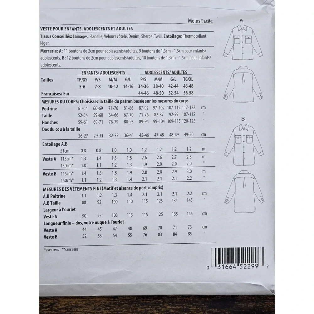 Butterick 6916 - Children's, Teen's and‎ Adult's Jacket Uncut Sewing Pattern